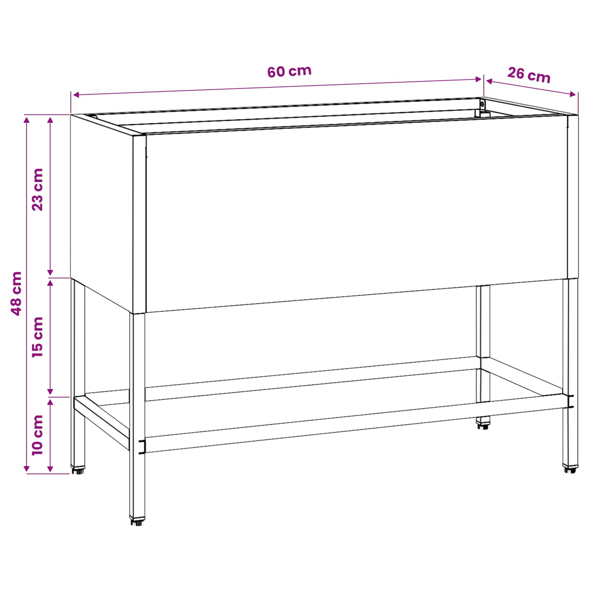 Disegno tecnico di un mobile con dimensioni: 60 cm lunghezza, 26 cm profondità, 23 cm altezza.