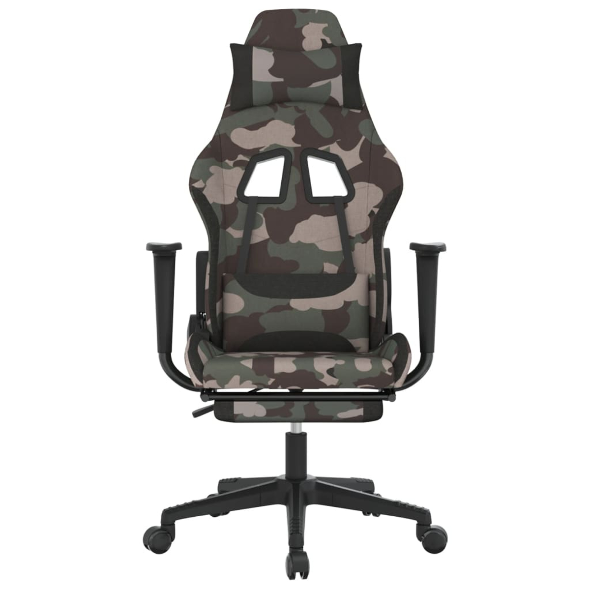 Ein Camouflage-Gaming-Stuhl mit schwarzen Armlehnen und Rädern.