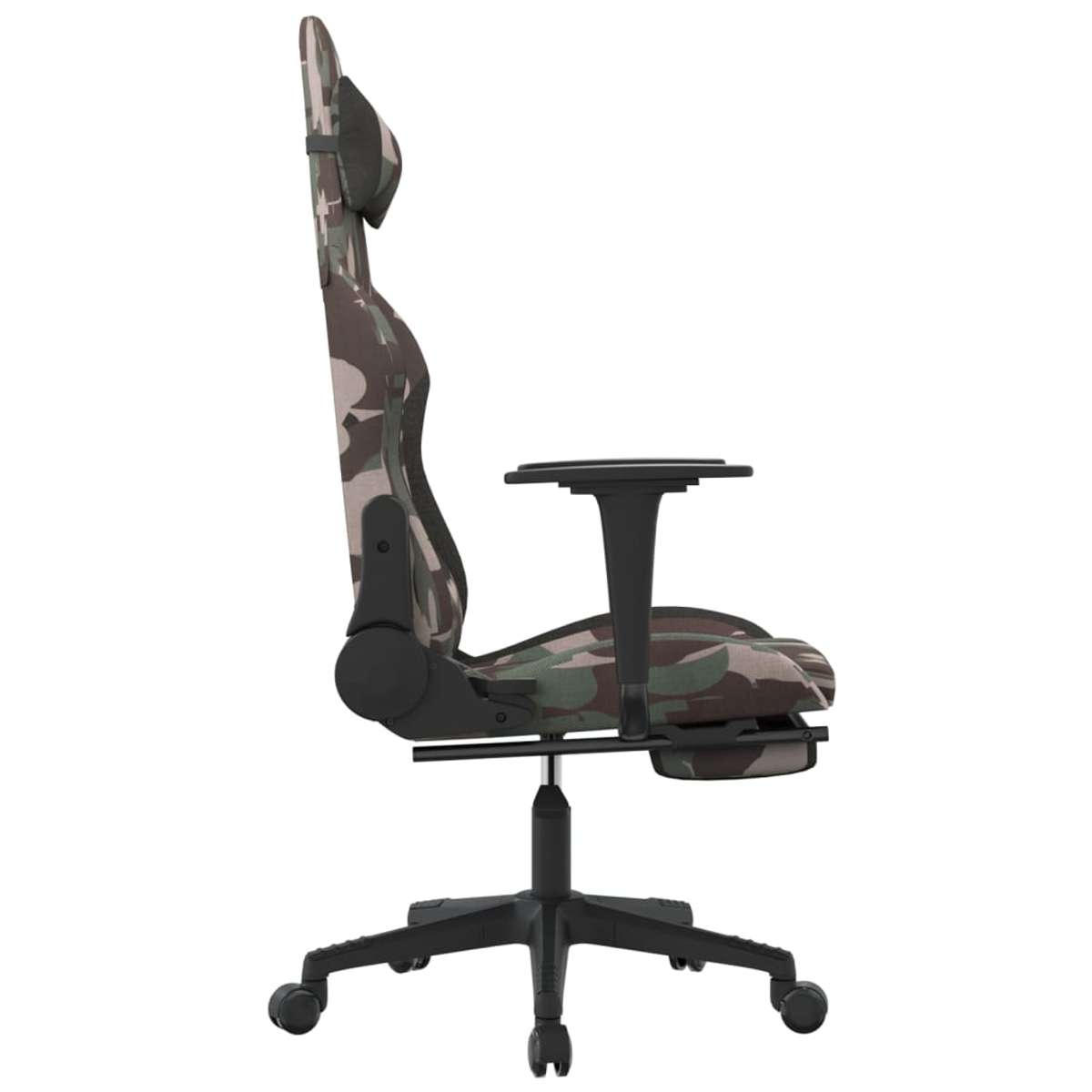 Ein Gaming-Stuhl mit Camouflage-Muster, schwarzen Akzenten und Fußstütze, von der Seite.