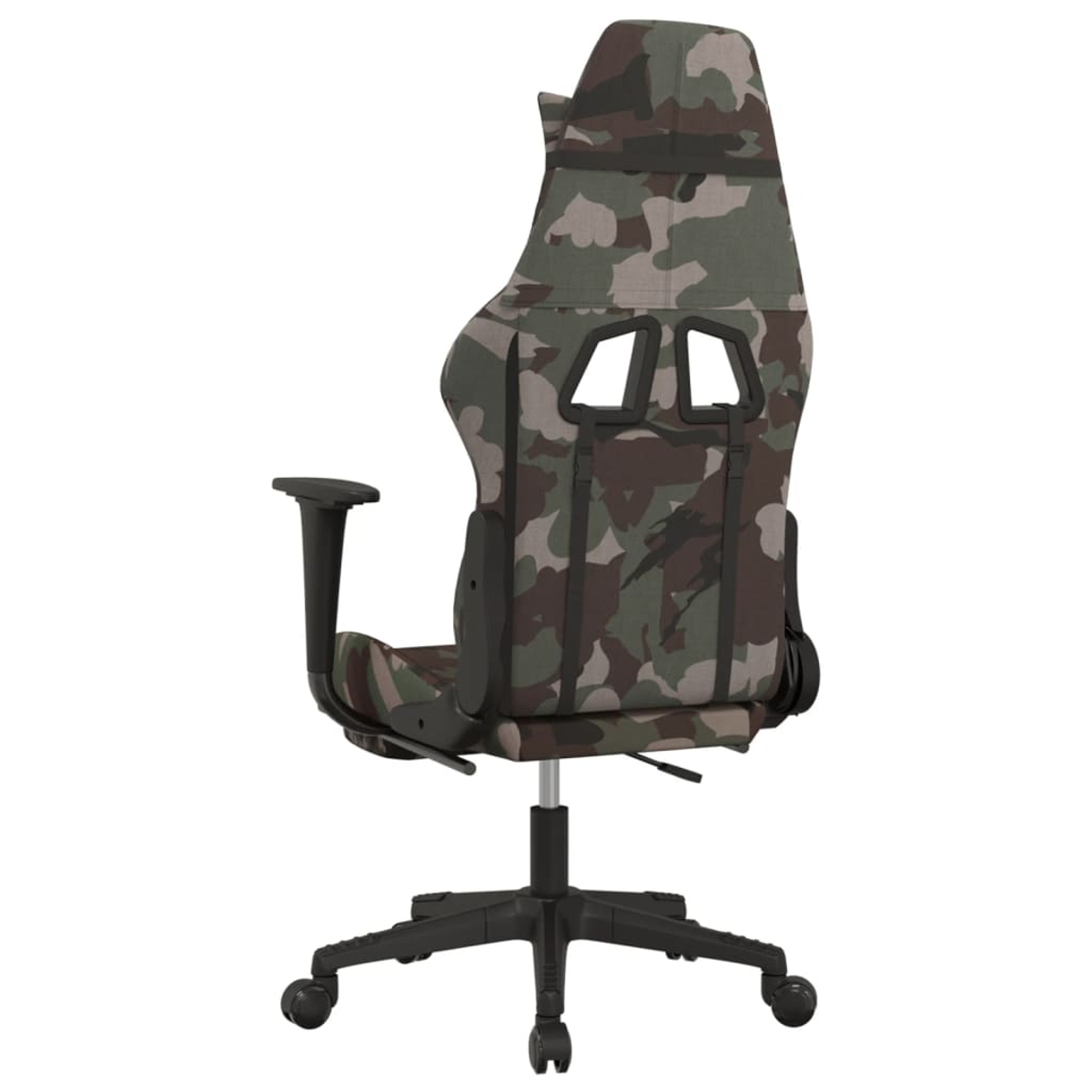 Ein Gaming-Stuhl mit Tarnmuster, Rückenansicht, auf weißem Hintergrund.