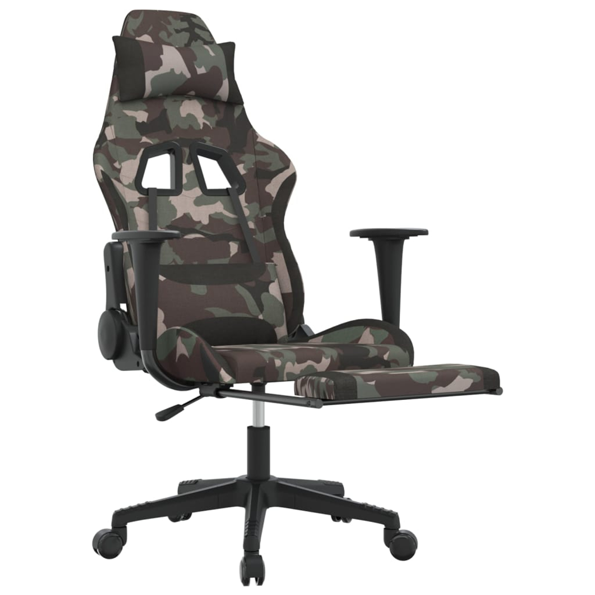 Ein Tarnfarbener Gaming-Stuhl mit verstellbarer Fußstütze und Kopfstütze.