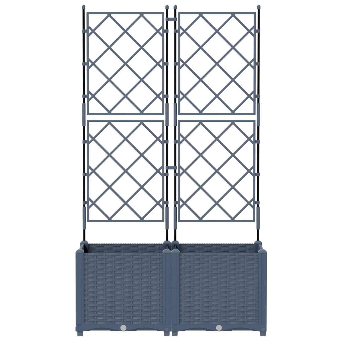 Graue rechteckige Hochbeete mit Rautenmuster-Rankgittern und Stützen.