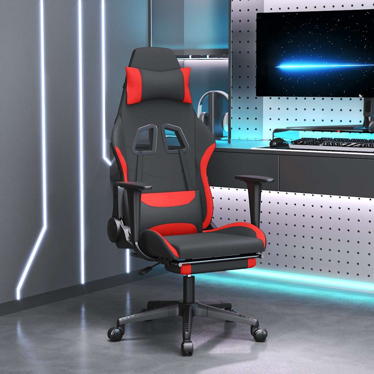 Schwarzer Gaming-Stuhl mit roten Akzenten, verstellbarem Fußteil und Kopfkissen.