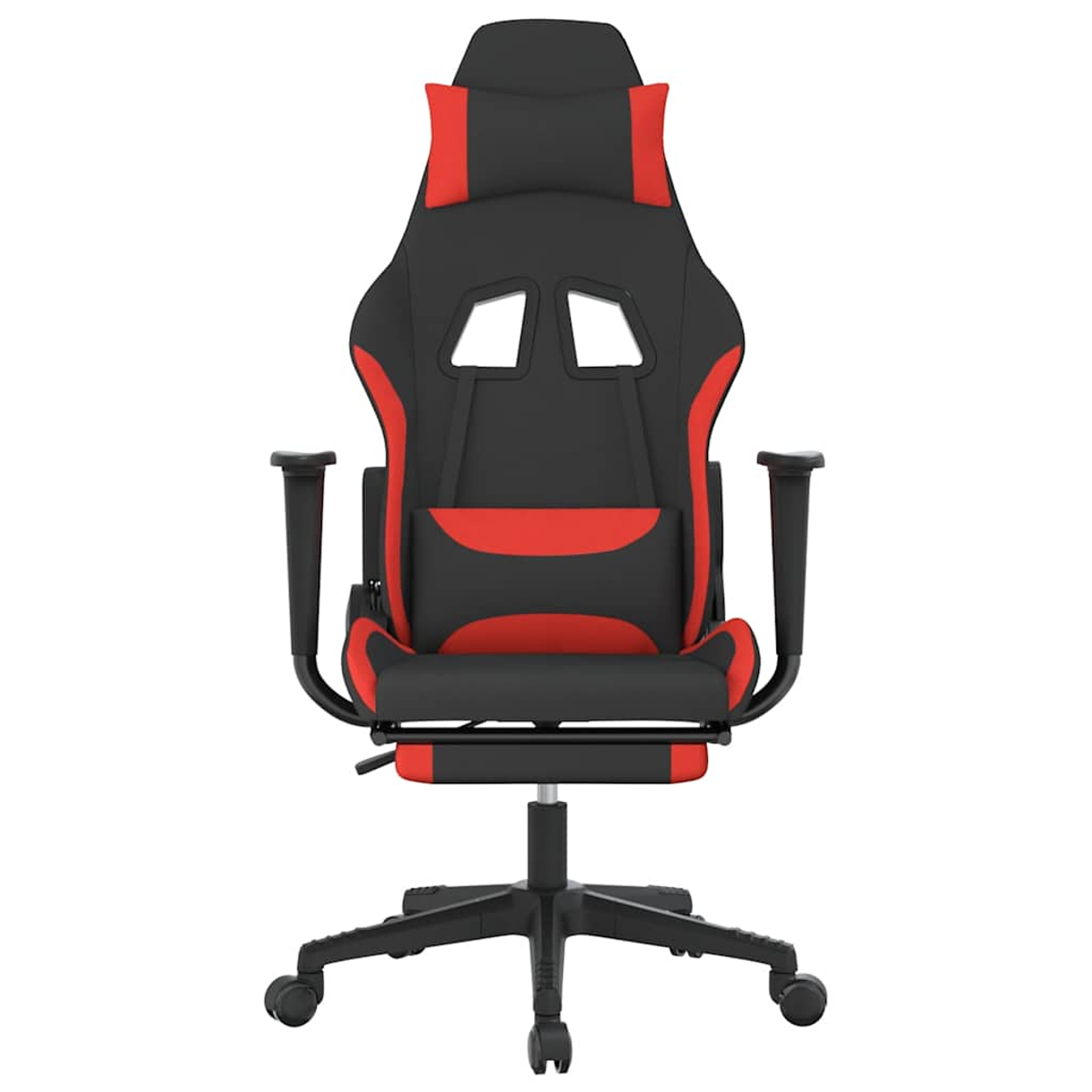 Ein schwarzer und roter Gaming-Stuhl mit verstellbaren Armlehnen und Kopfstütze.