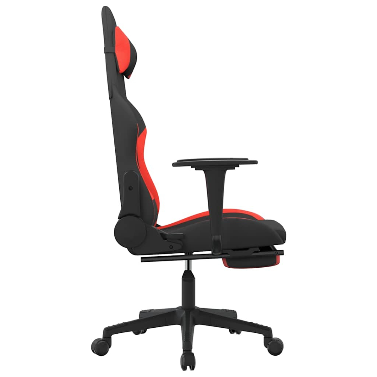 Ein schwarzer und roter Gaming-Stuhl mit Fußstütze, von der Seite gezeigt.