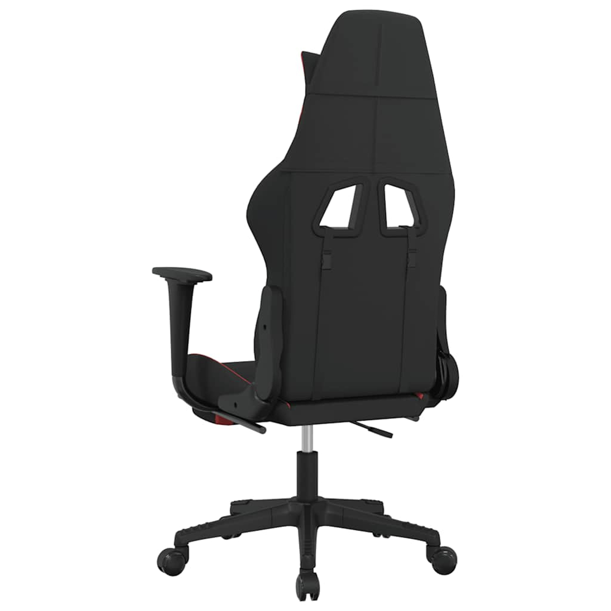 Schwarzer Gaming-Stuhl mit roten Akzenten, von hinten gesehen.