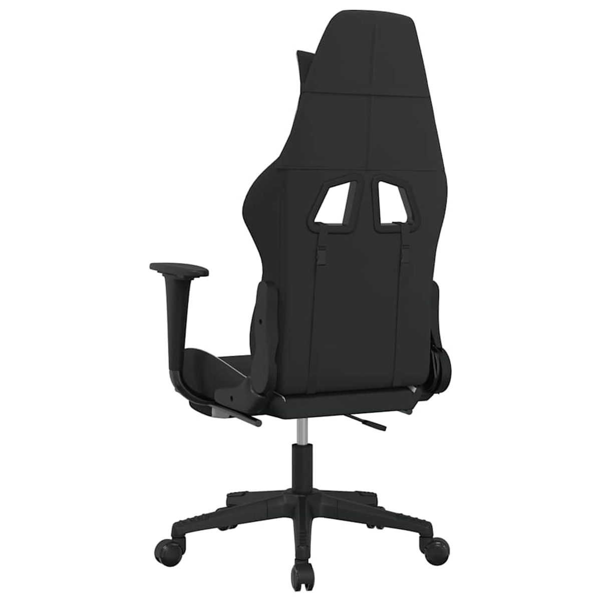 Schwarzer Gaming-Stuhl von hinten mit Armlehnen und Rollen.