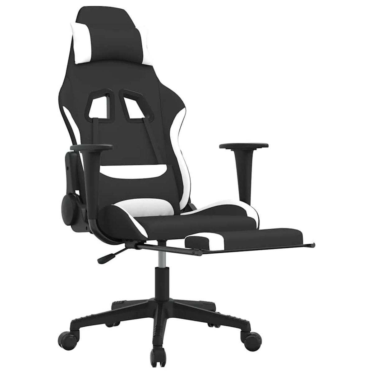 Ein schwarzer und weißer Gaming-Stuhl im Rennstil mit Fußstütze, auf weißem Hintergrund.