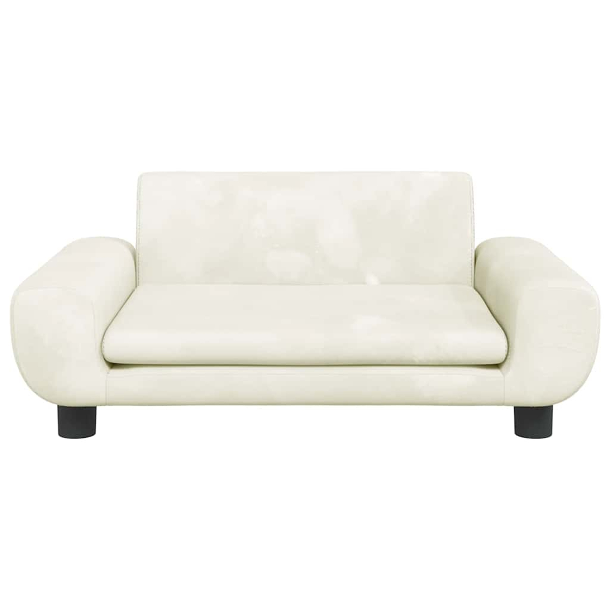Ein cremefarbener Zweisitzer-Sofa mit runden Armlehnen und schwarzen Beinen.