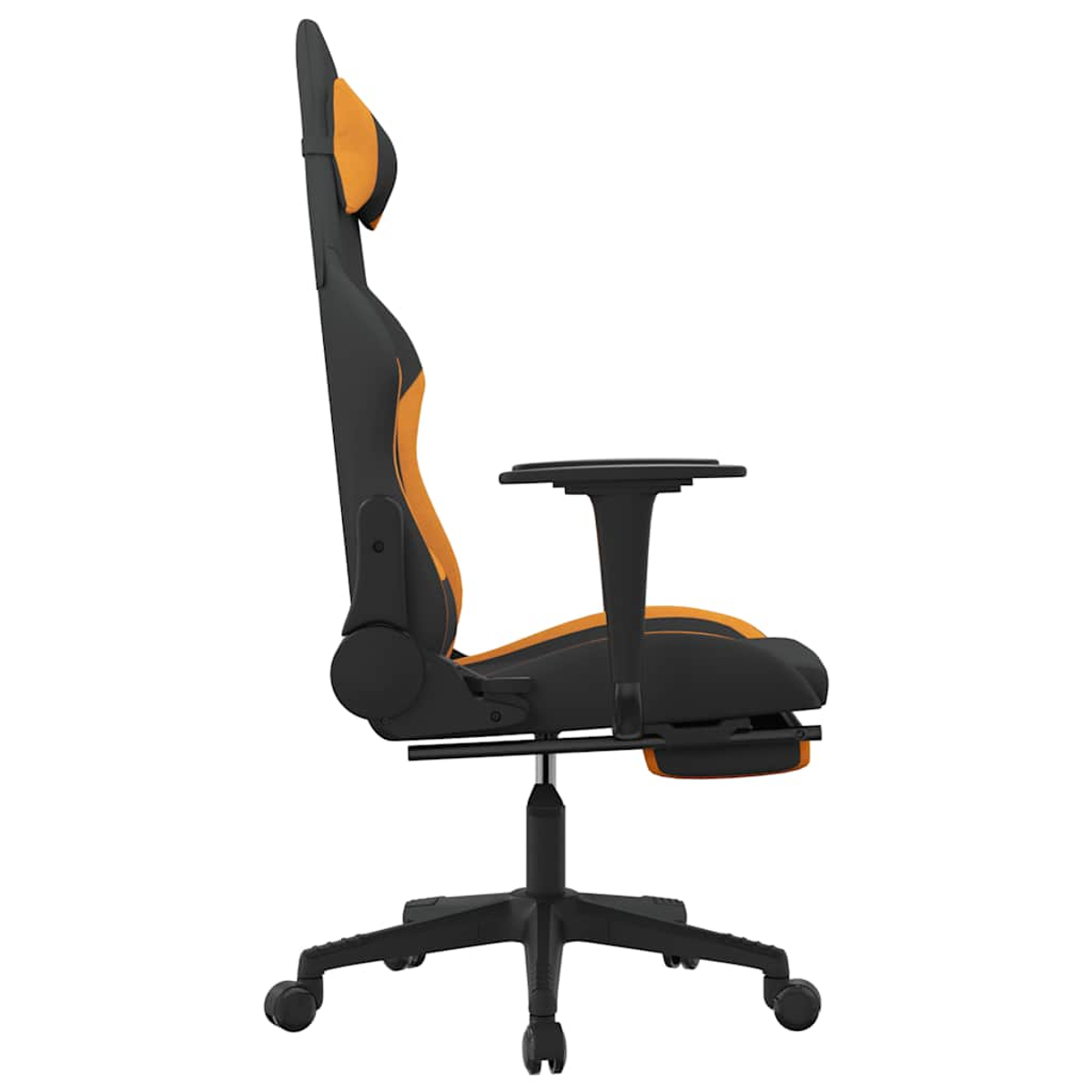 Ein schwarzer und oranger Gaming-Stuhl mit ausziehbarer Fußstütze.