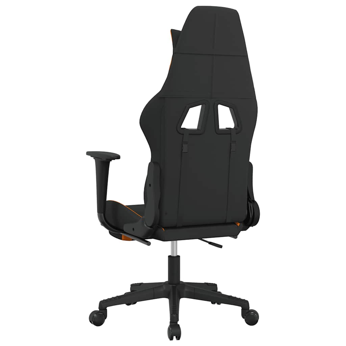 Schwarzer Gaming-Stuhl mit orangefarbenen Akzenten, von hinten gesehen.