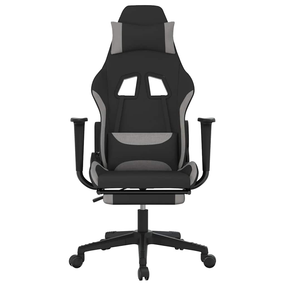 Ein schwarzer Gaming-Stuhl mit grauen Akzenten und verstellbaren Armlehnen.