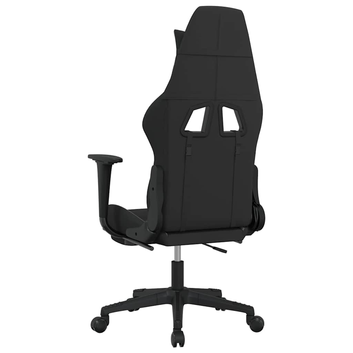 Schwarzer Gaming-Stuhl mit hoher Rückenlehne und zwei Fensteröffnungen, aus der Rückansicht.