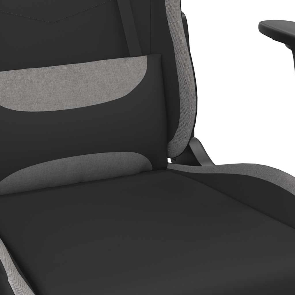 Nahaufnahme eines schwarzen und grauen Gaming-Stuhls mit Kissen.