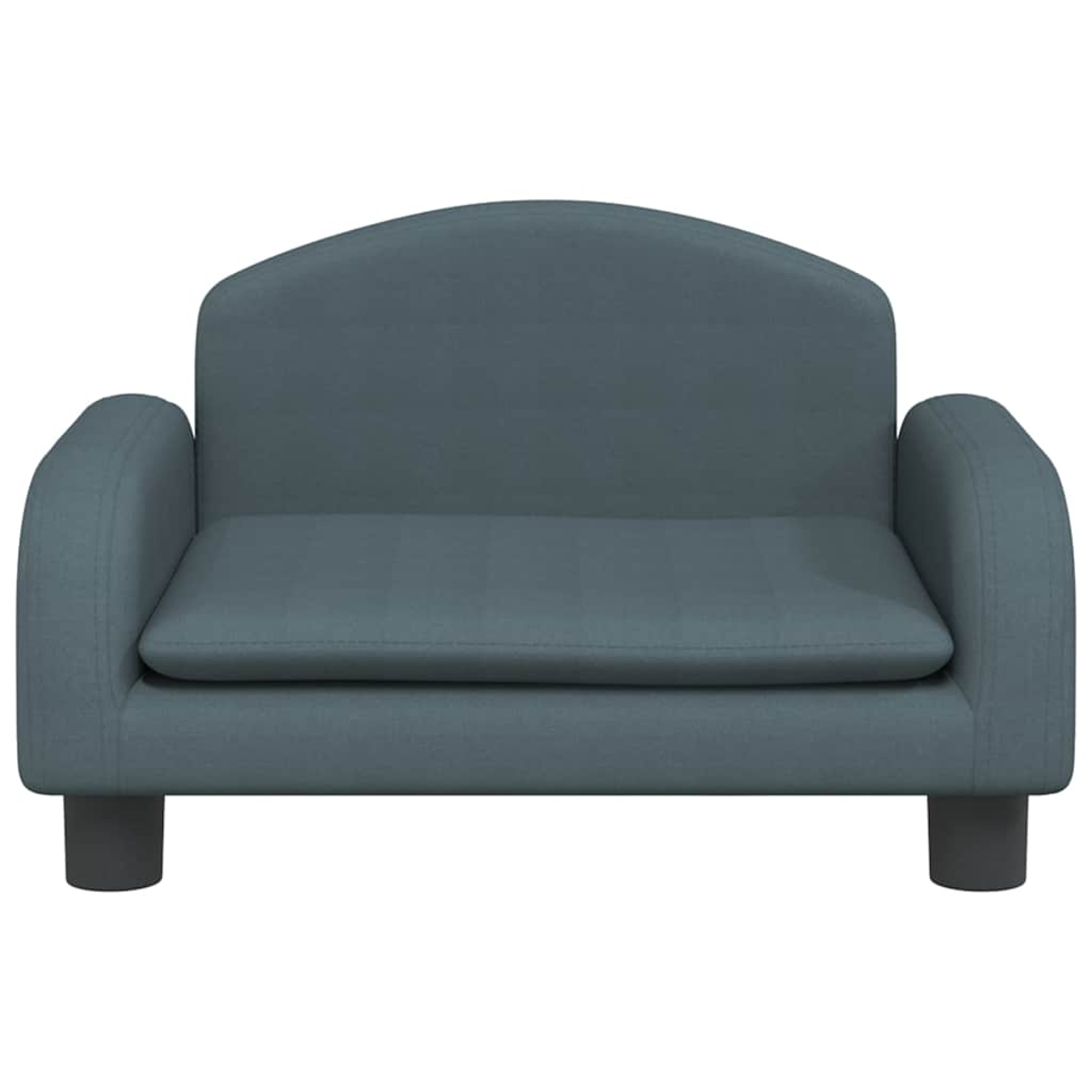 Ein grauer, gepolsterter Zweisitzer-Sofa mit
Armlehnen und vier kurzen, dunklen Beinen.