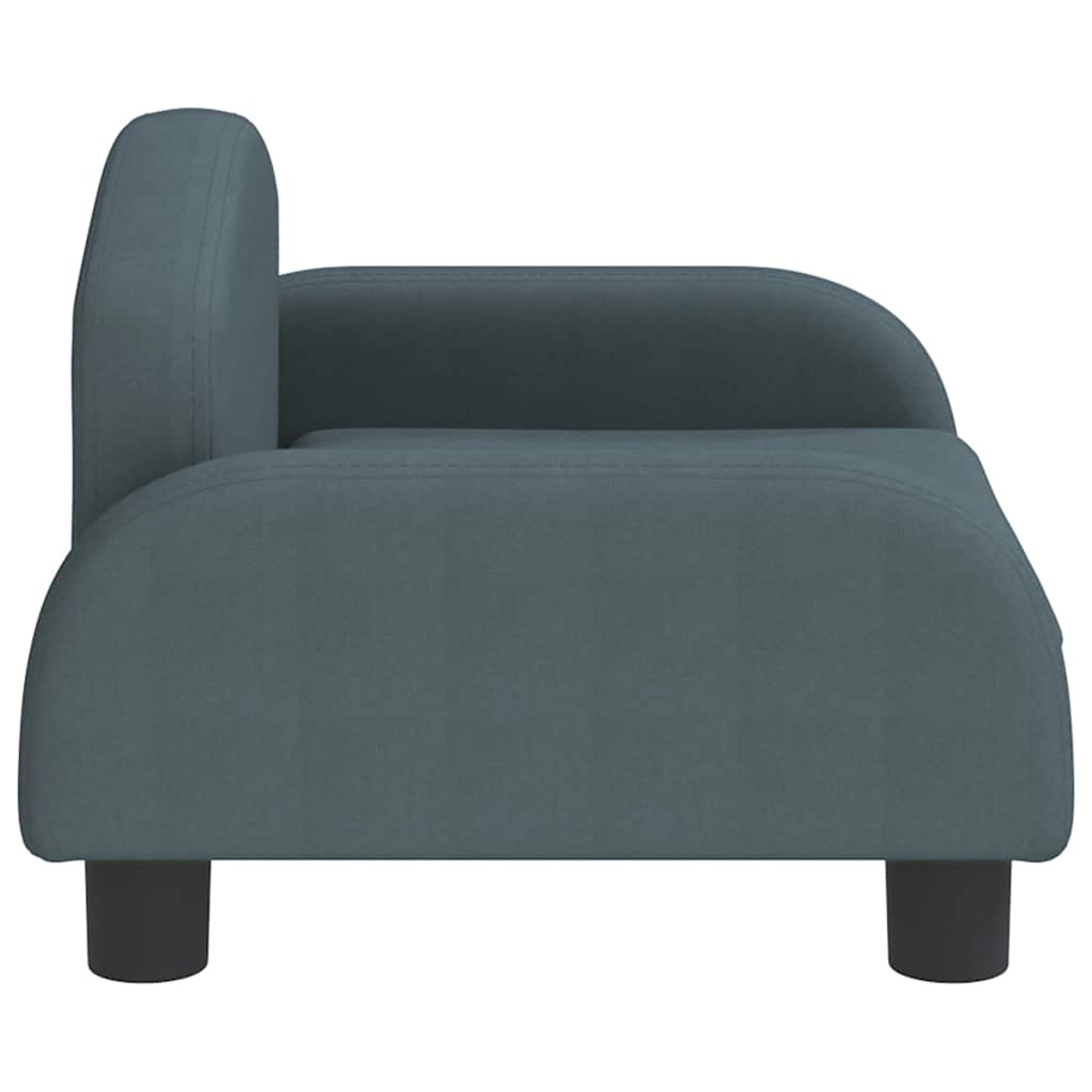 Ein graublaues Sofa mit abgerundeten Armlehnen und schwarzen Füßen.