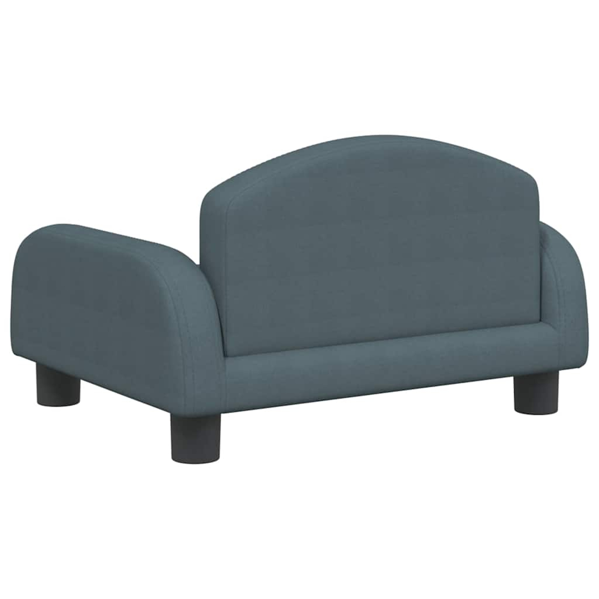 Ein graublaues Sofa mit geschwungenen Armlehnen und vier dunklen Beinen.