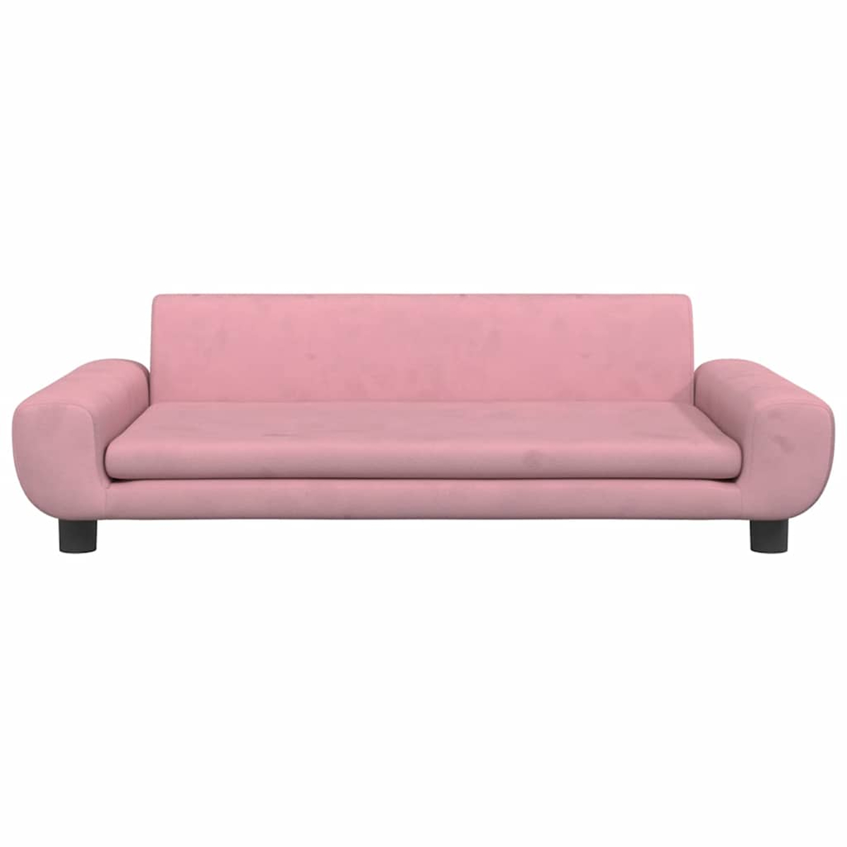 Ein rosa Samtsofa mit schwarzen Beinen, freigestellt auf weißem Hintergrund.