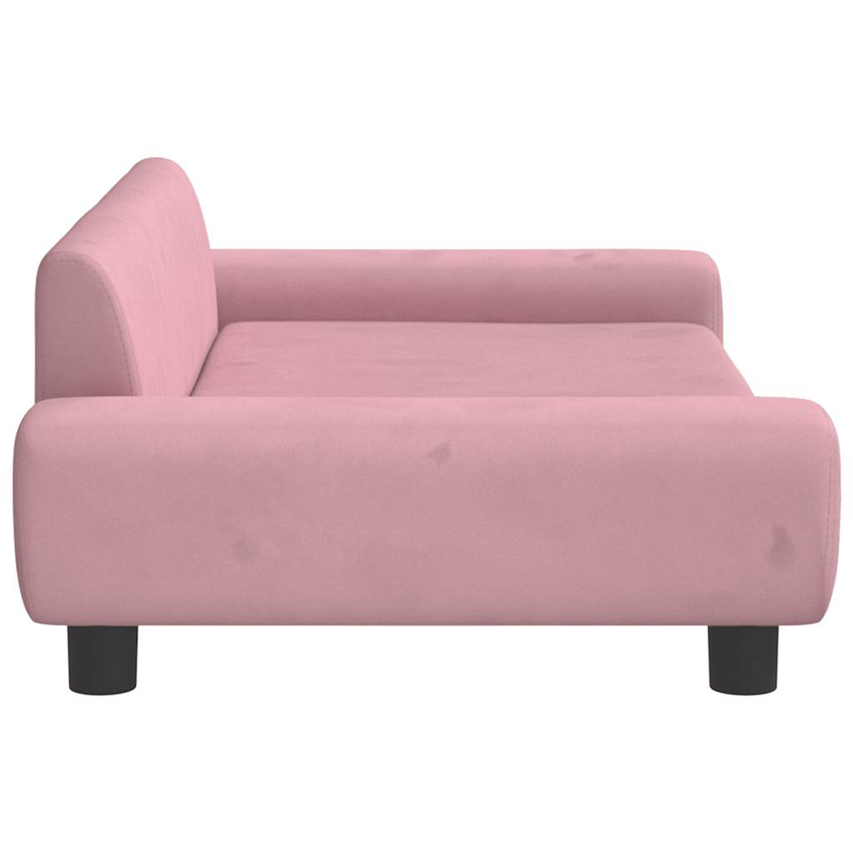Ein rosa Sofa mit schwarzen Füßen, von der Seite gesehen.