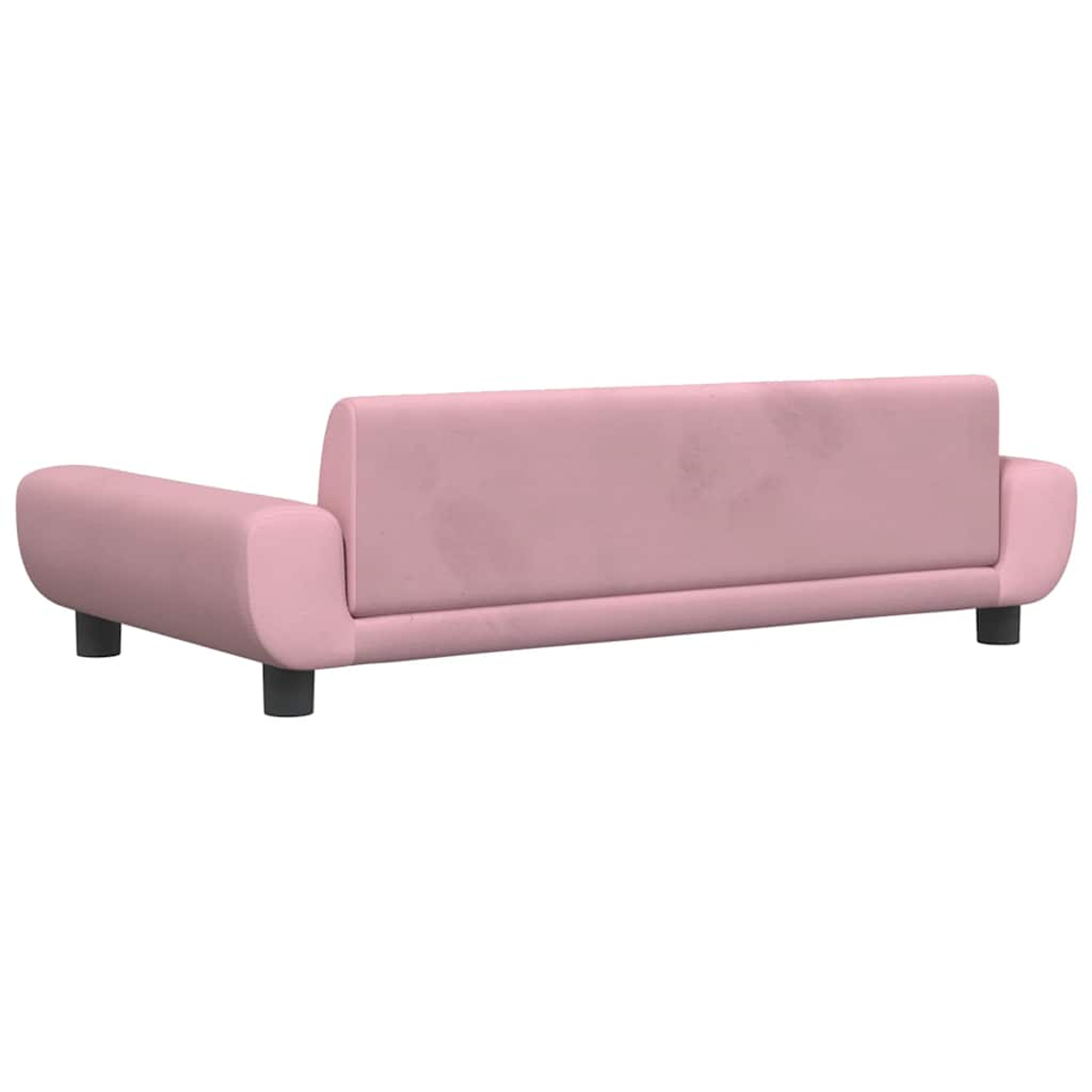 Ein rosa Sofa mit niedrigen schwarzen Beinen und runden Armlehnen.
