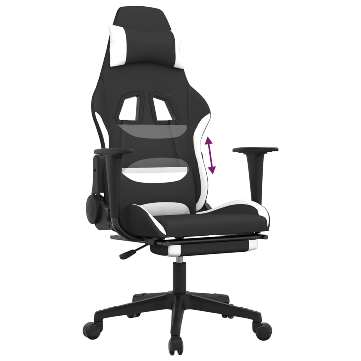 Ergonomischer Gaming-Stuhl in Schwarz und Weiß mit verstellbarer Rückenlehne und Kopfstütze.