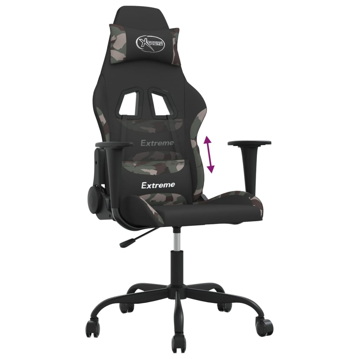 Ein schwarzer Gaming-Stuhl mit Tarnmuster und verstellbaren Armlehnen auf Rollen.