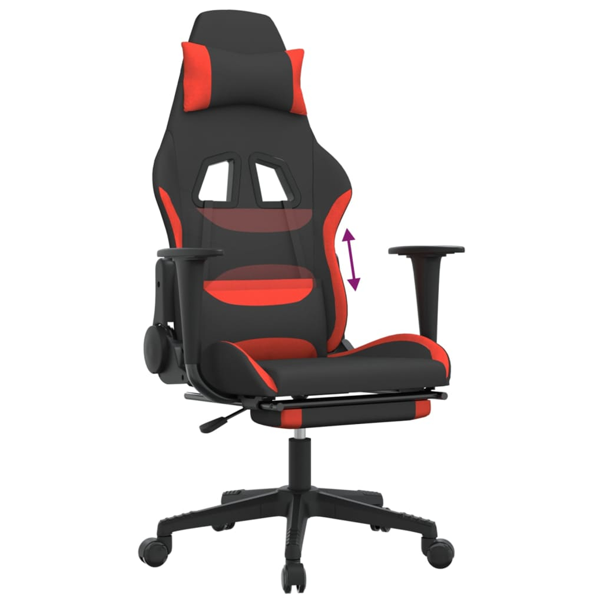 Schwarzer Gaming-Stuhl mit roten Akzenten und verstellbarer Rückenlehne.