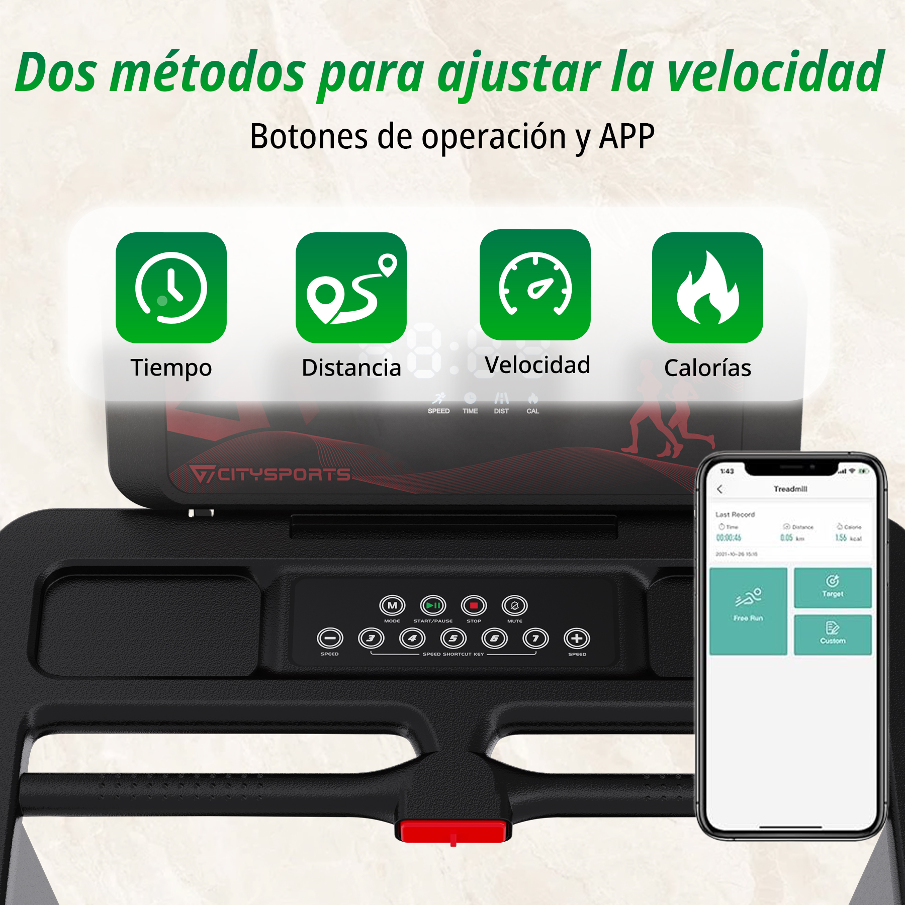 Cinta de correr con control de app. Muestra tiempo, distancia, velocidad y calorías.