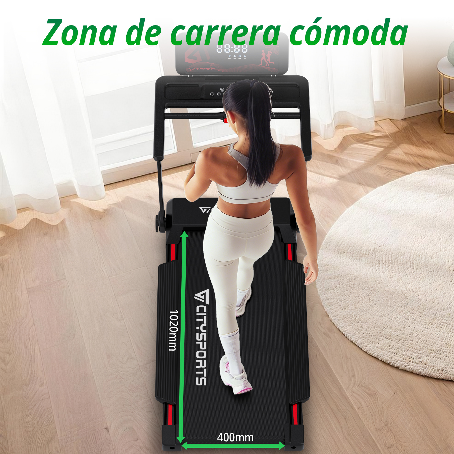 Mujer en cinta de correr mostrando una zona cómoda.