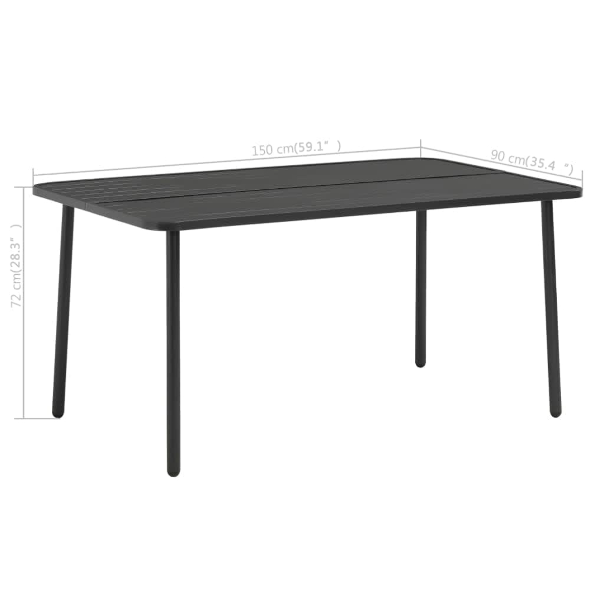 Ein schwarzer rechteckiger Outdoortisch mit den Maßen 150x90x72 cm.