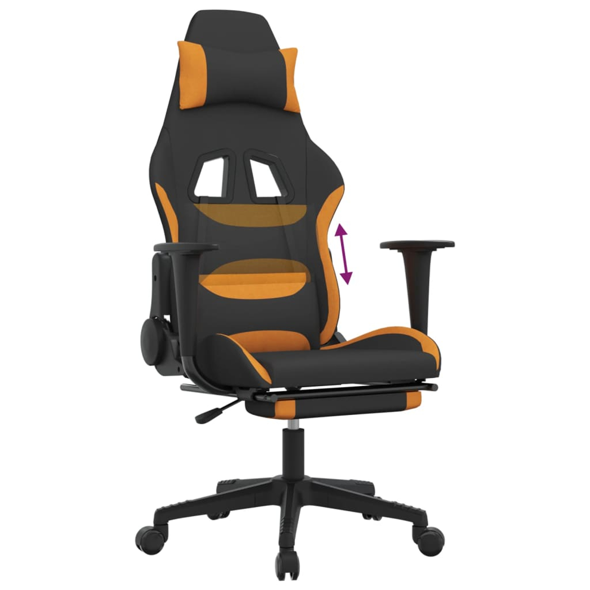 Schwarzer Gamingstuhl mit orangefarbenen Akzenten und verstellbaren Armlehnen.