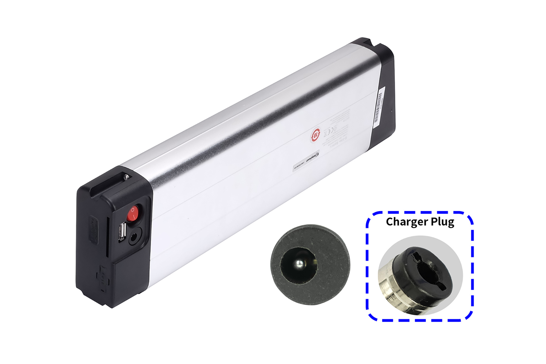 Silberner E-Bike-Akku mit rotem Schalter und USB-Anschluss, daneben ein Ladestecker.