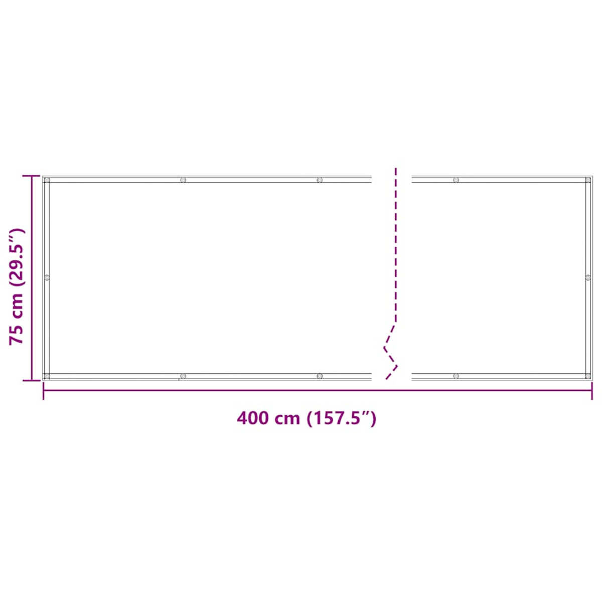 Eine weiße Fläche mit violetten Maßen: 400 cm Länge und 75 cm Höhe.