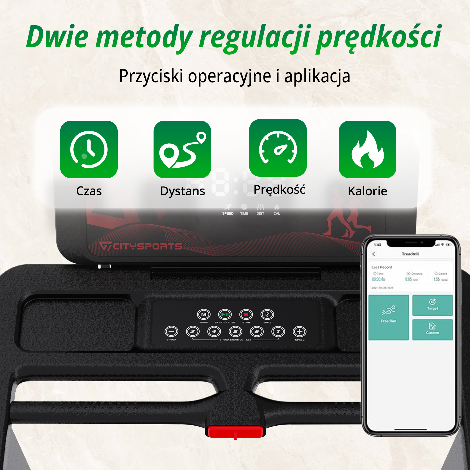 Konsola bieżni z przyciskami sterowania i aplikacją na smartfona wyświetlającą statystyki treningu.