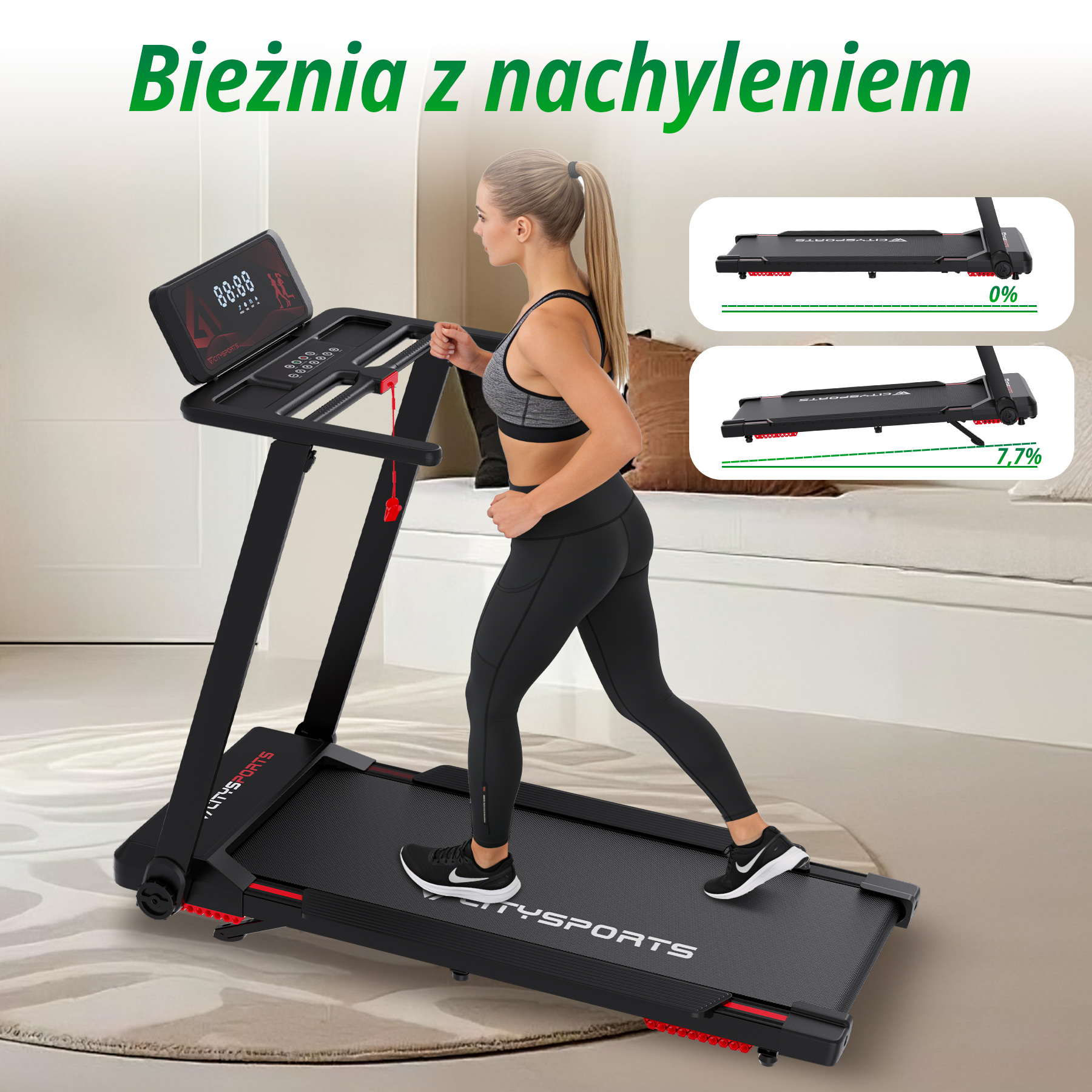 Kobieta biegnie na czarnej bieżni z cyfrowym wyświetlaczem. Pokazano opcje nachylenia.