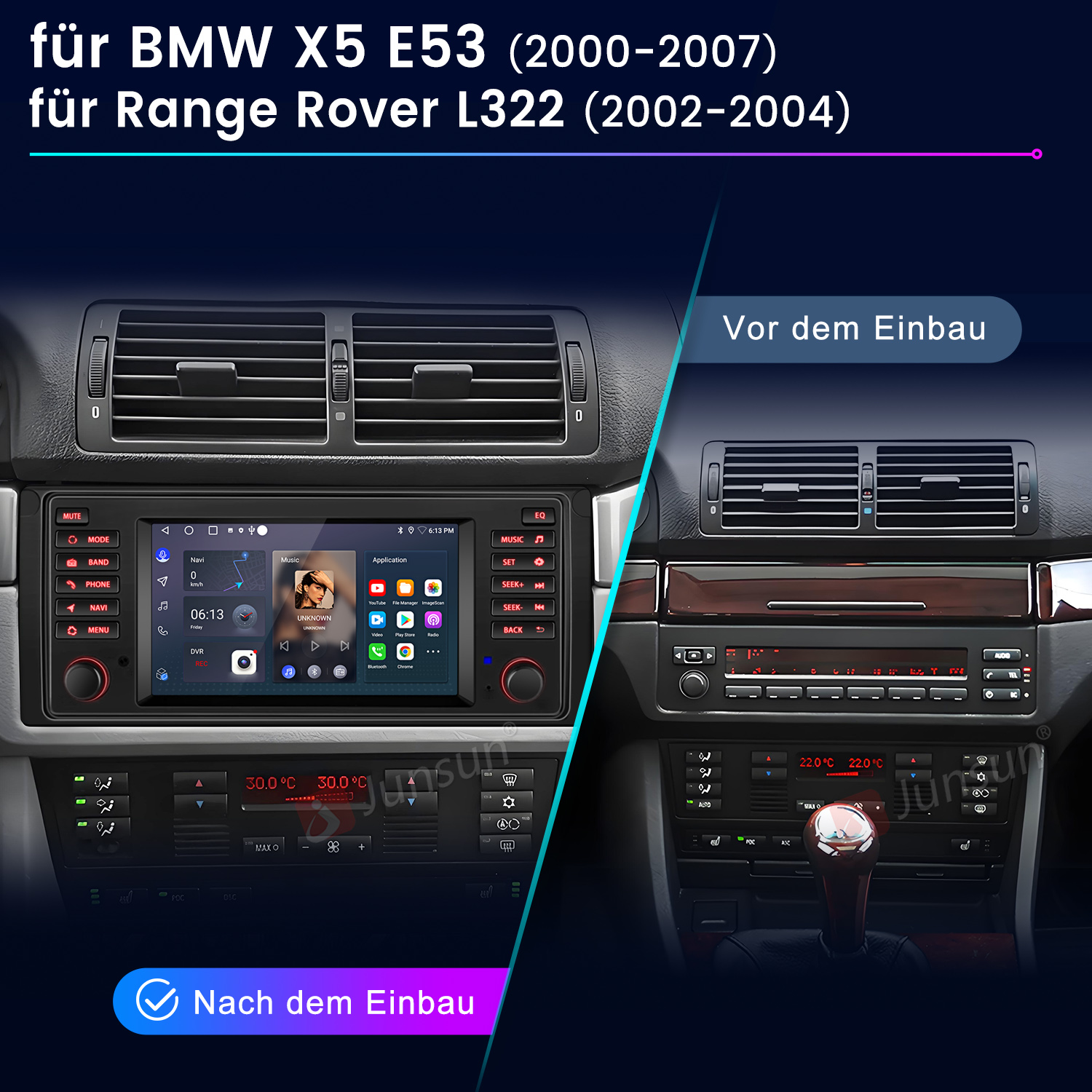 Vorher/Nachher-Vergleich eines Autoradios mit Touchscreen-Upgrade für BMW X5 und Range Rover.