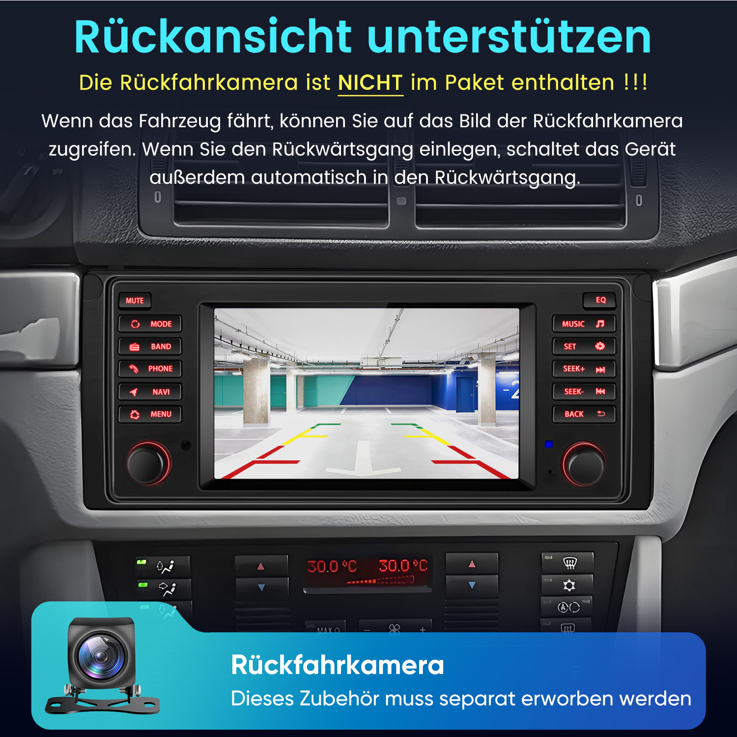 Bildschirm eines Autos zeigt Rückfahrkamera-Ansicht eines Parkhauses.
