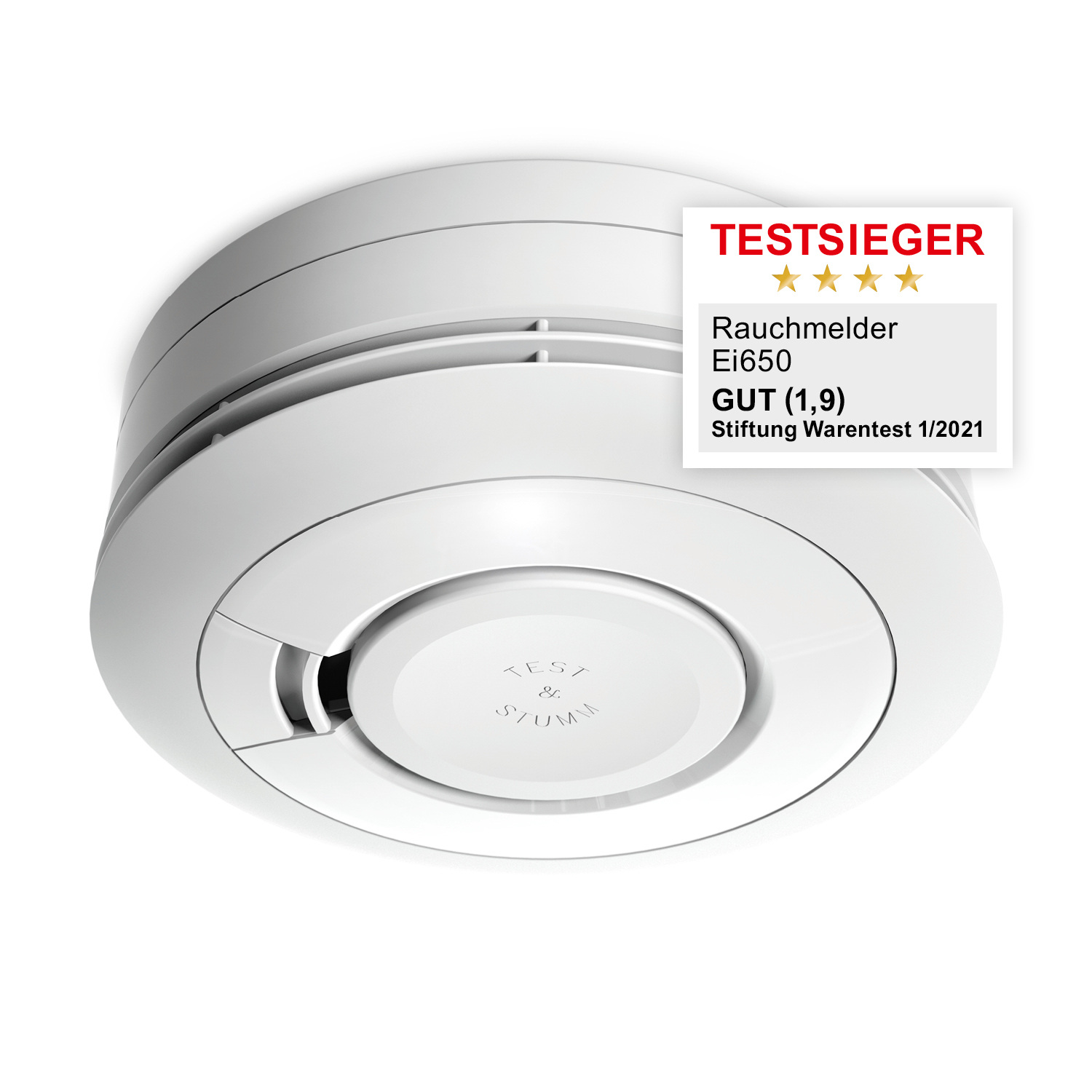 Ein weißer Rauchmelder mit einem Siegel, das ihn zum Testsieger erklärt.
