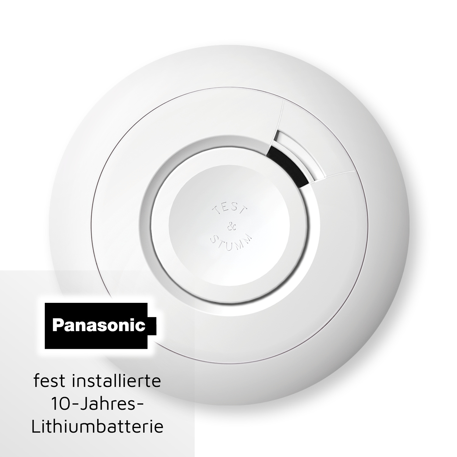 Ein weißer Rauchmelder mit der Aufschrift Panasonic und Text über Batterie.