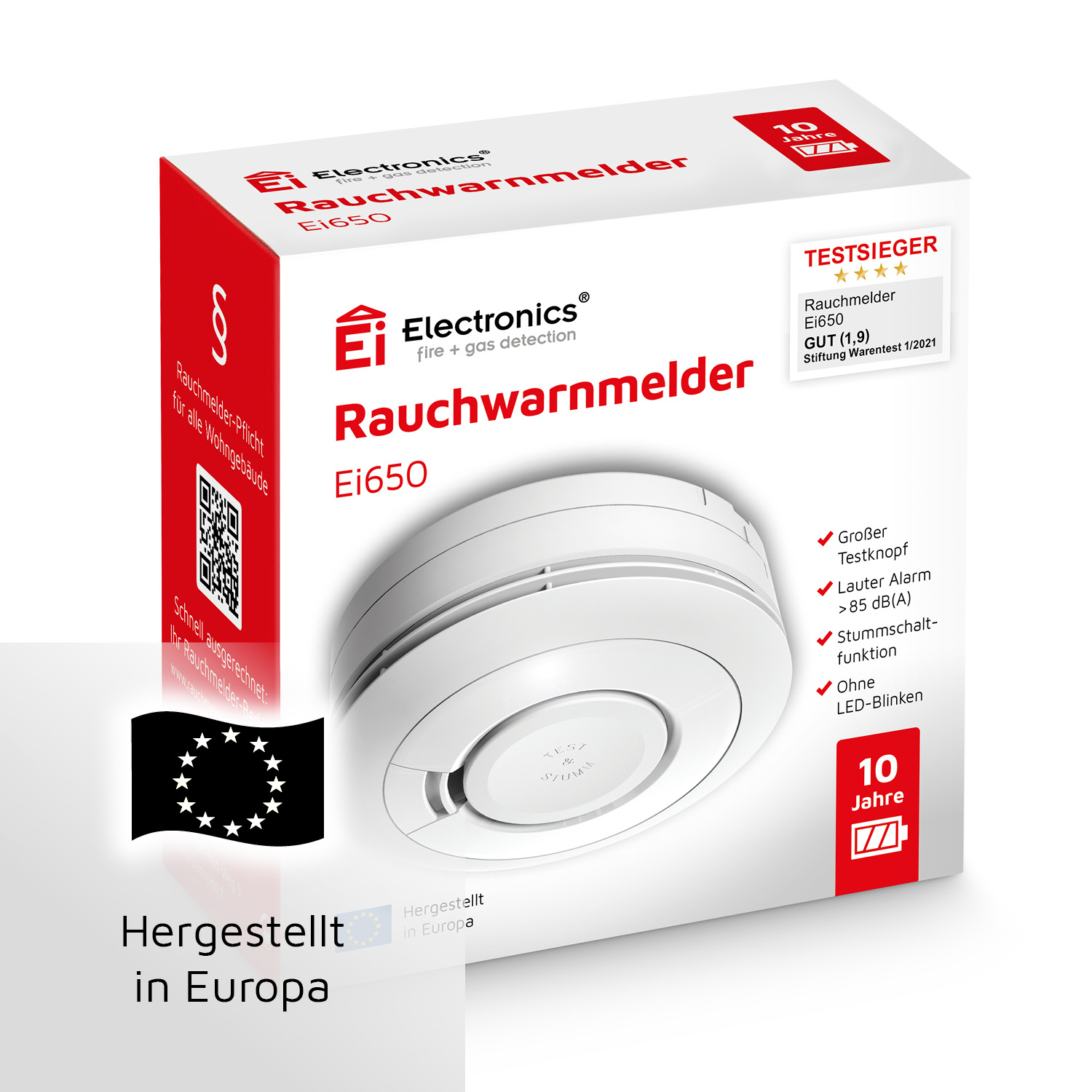 Verpackung eines Rauchwarnmelders von Ei Electronics, Modell Ei650.