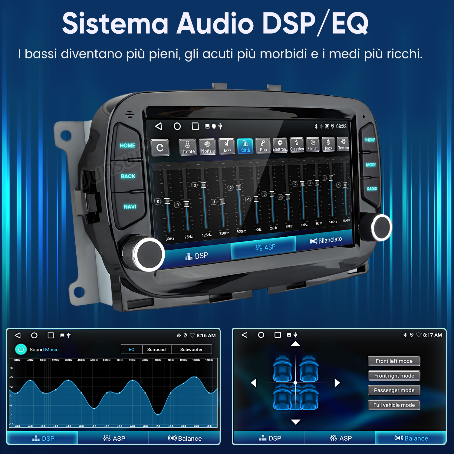 Sistema audio per auto con display DSP/EQ, barre equalizzatore e opzioni modalità veicolo.