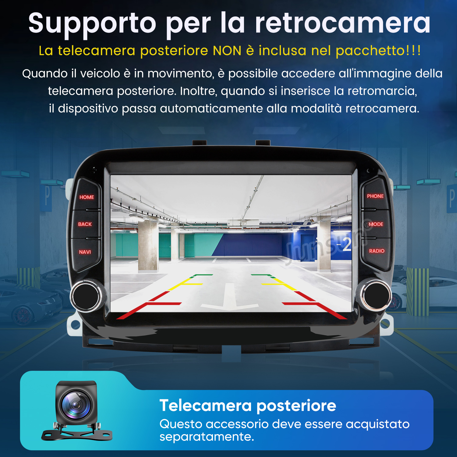 Autoradio mostra vista telecamera posteriore di parcheggio. Telecamera a sinistra.