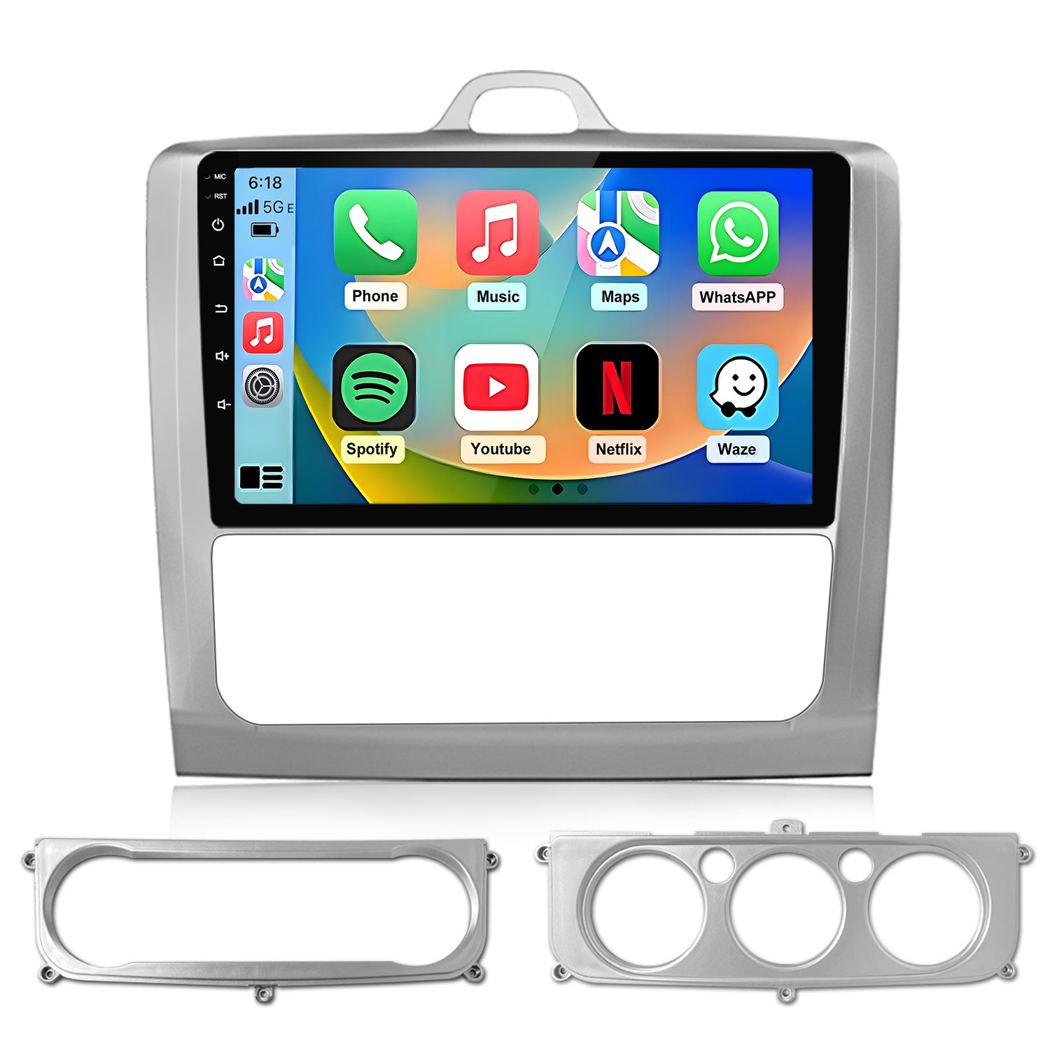 Un touchscreen per autoradio che mostra icone di app: Telefono, Musica, Mappe, WhatsApp, Spotify, YouTube, Netflix, Waze.