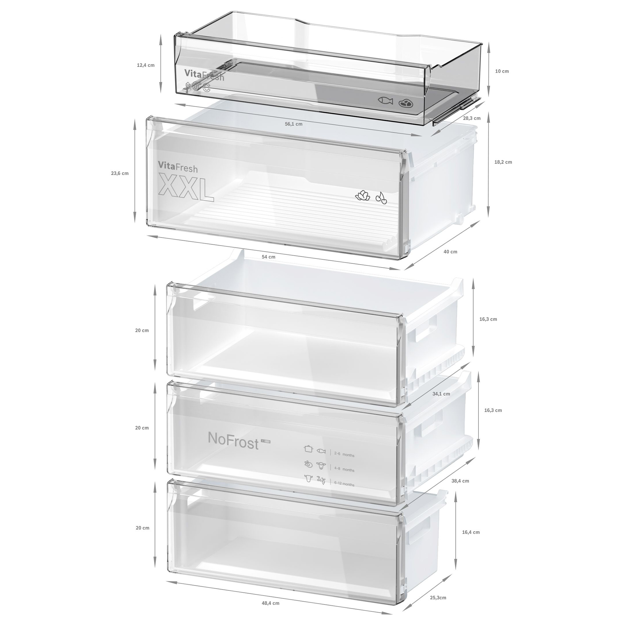 Kühlschrank-Schubladen mit Maßen und Beschriftungen wie VitaFresh und NoFrost.