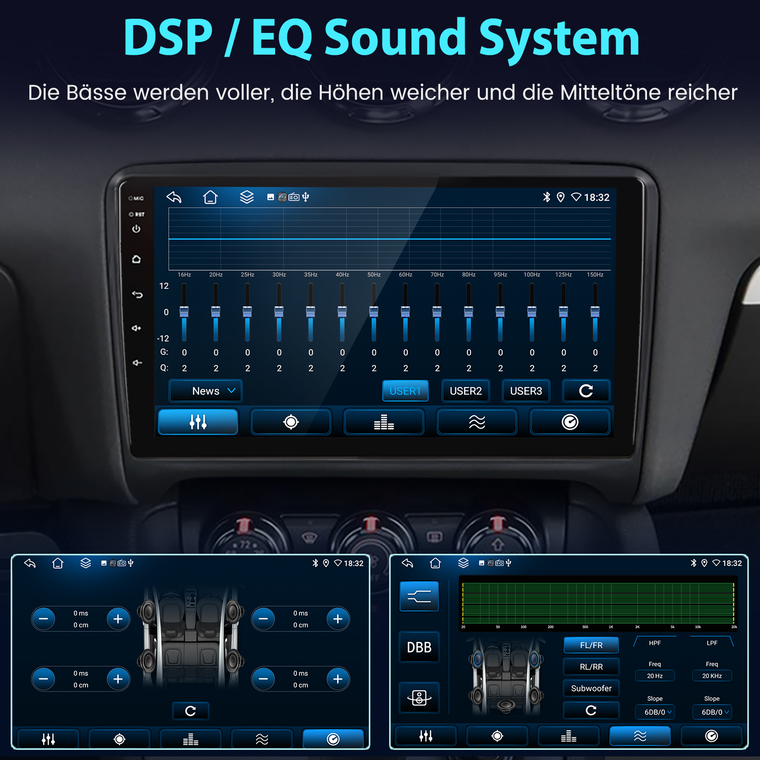Ein Auto-Infotainmentsystem mit EQ-Einstellungen und Lautsprecherkonfiguration.