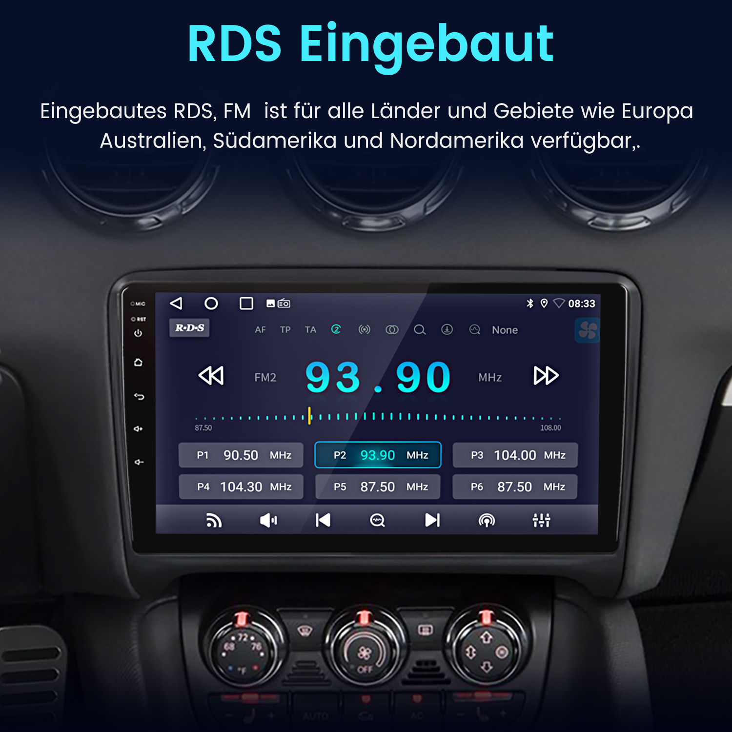 Einbau-RDS-Autoradio mit FM, zeigt 93.90 MHz und Sender-Presets an.