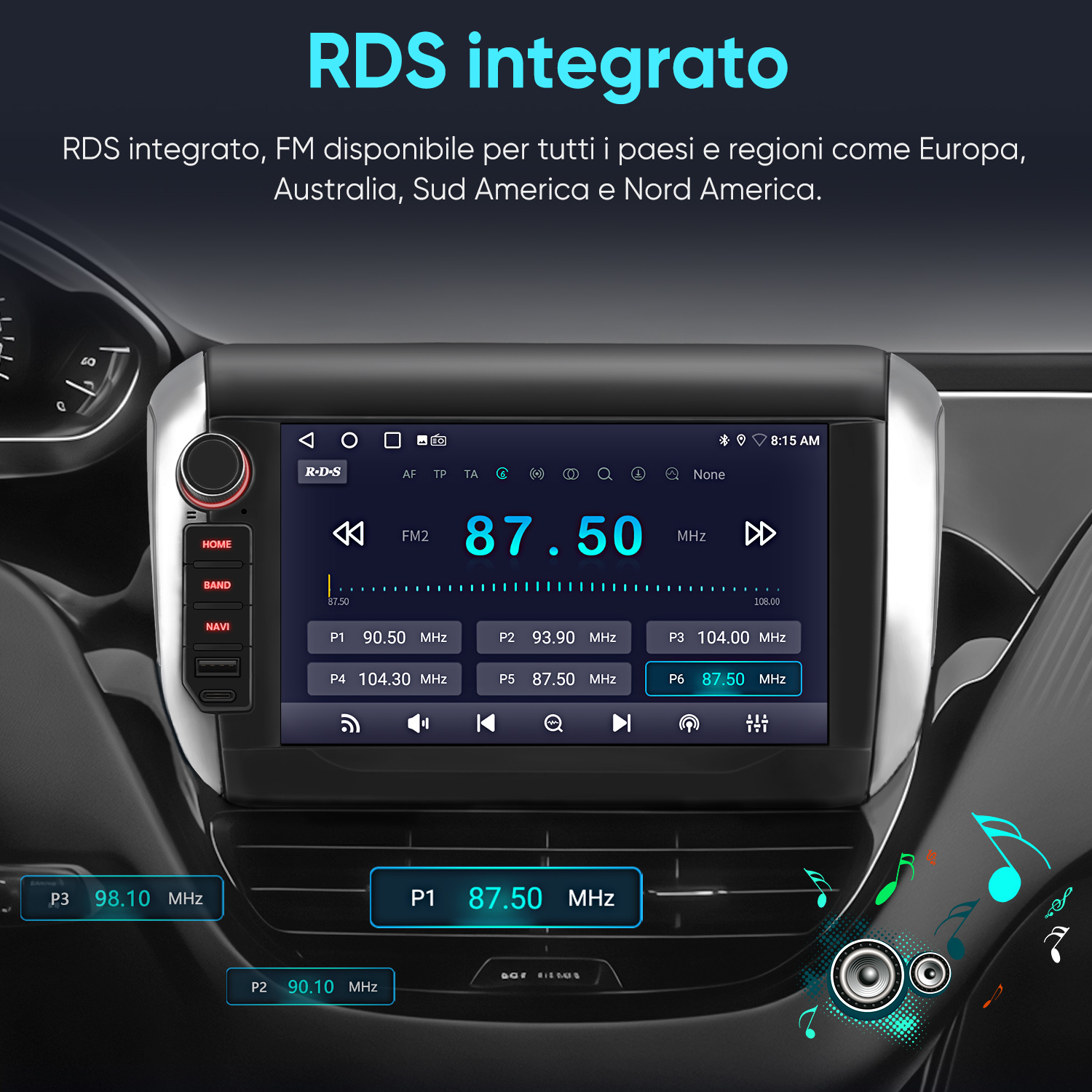 Radio auto digitale con RDS, mostra FM2 87.50 MHz.