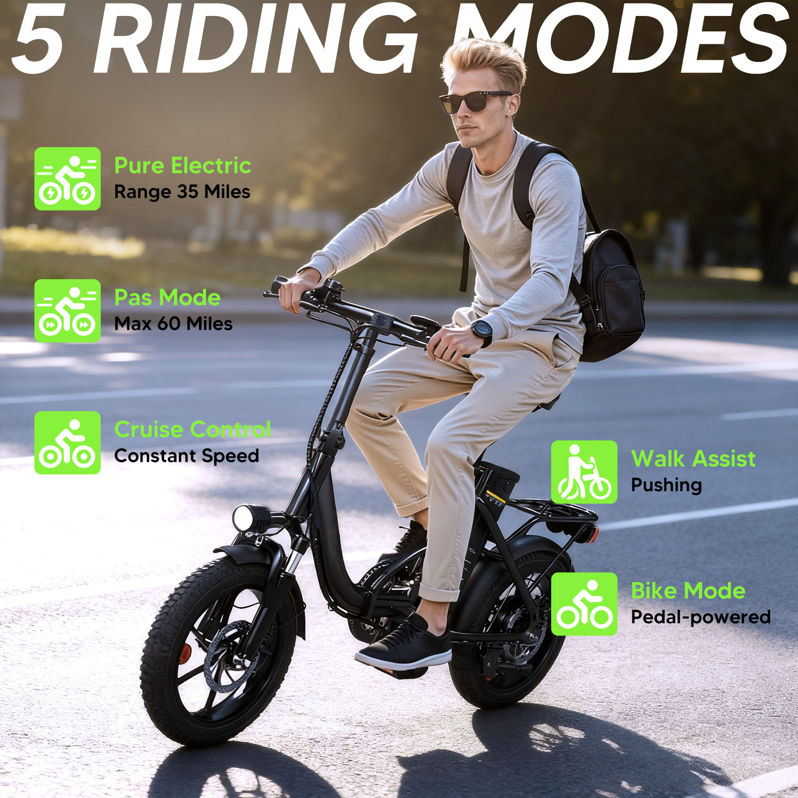 Mężczyzna jedzie rowerem elektrycznym z 5 trybami: Czysto Elektryczny, Tryb Pas, Tempomat, Asystent Chodzenia, Tryb Rowerowy.