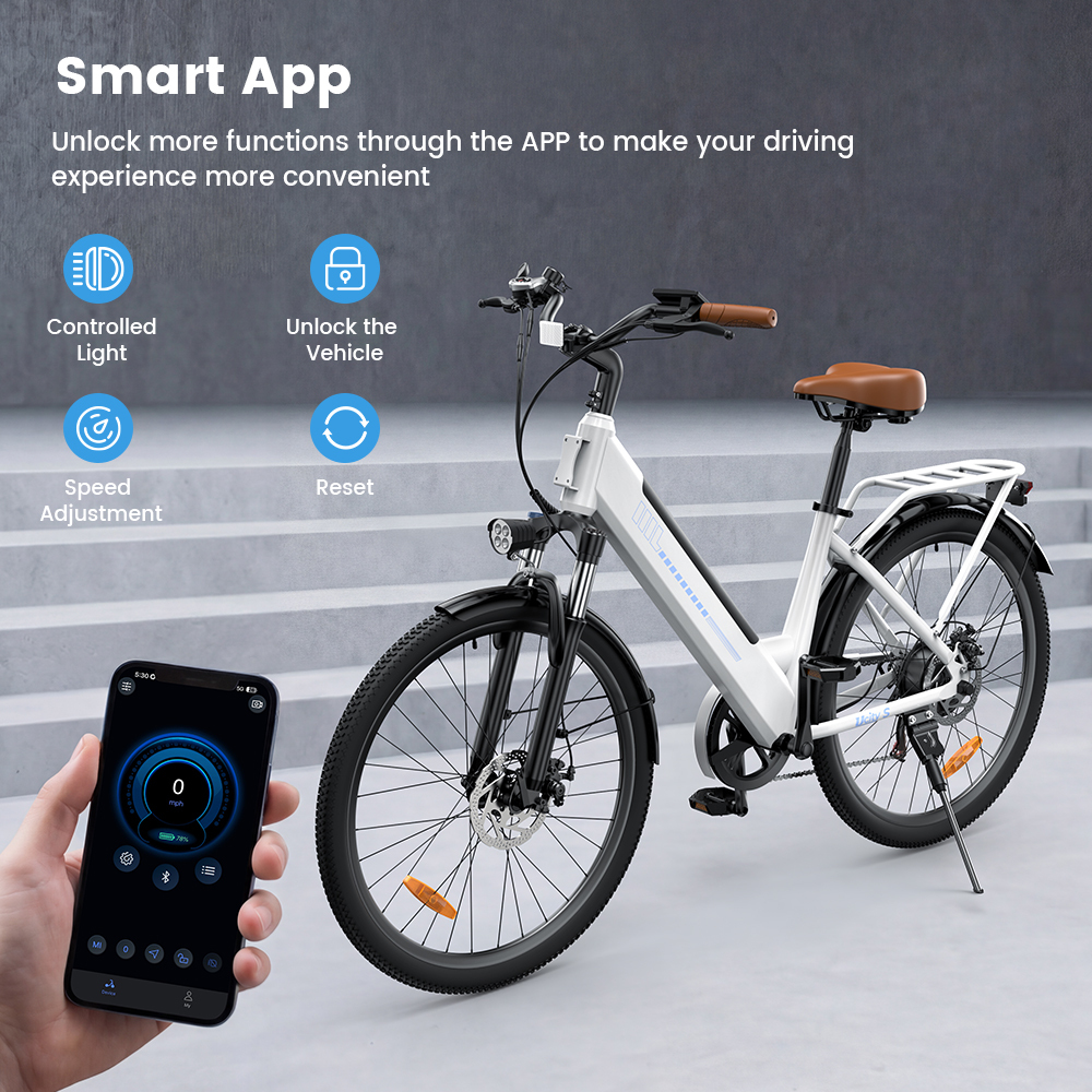 Biały rower elektryczny ze smartfonem pokazującym funkcje aplikacji.