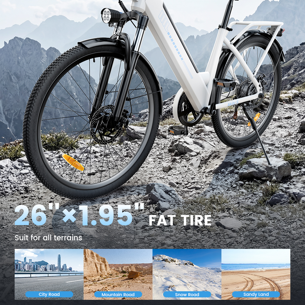 Biały rower elektryczny z grubymi oponami stoi na skalistym terenie. Poniżej przykłady czterech terenów.